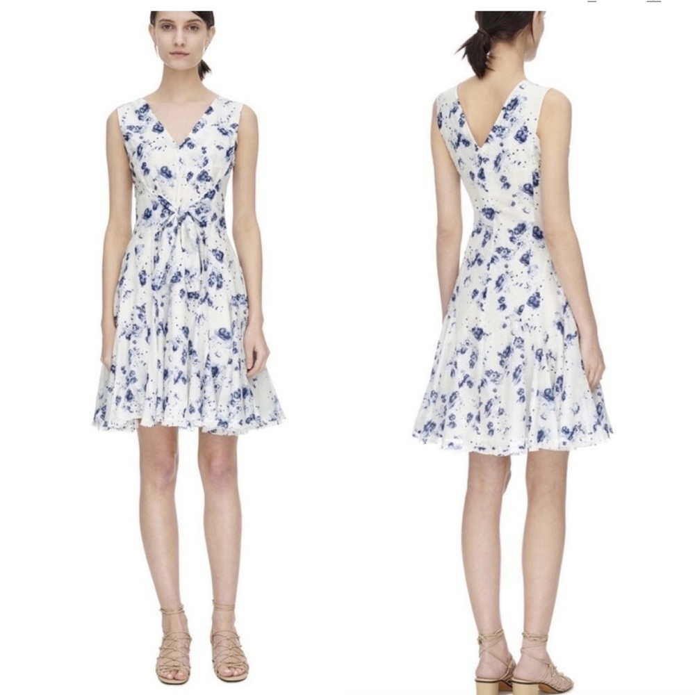 Rebecca Taylor Meteor Sleeveless V-Neck Floral Woven Tie Waist Dress 0 Like New